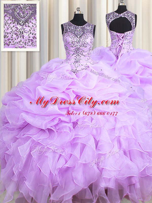 Organza Scoop Sleeveless Lace Up Beading and Ruffles and Pick Ups Sweet 16 Dress in Lavender