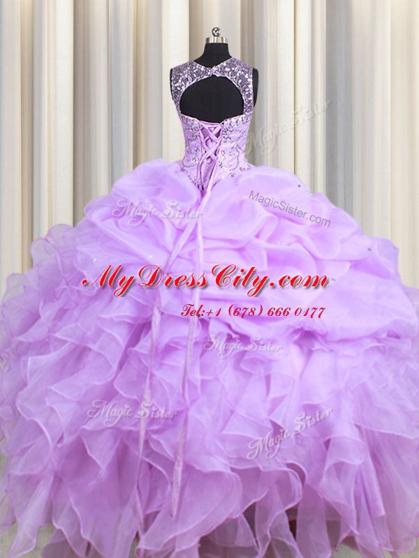 Organza Scoop Sleeveless Lace Up Beading and Ruffles and Pick Ups Sweet 16 Dress in Lavender