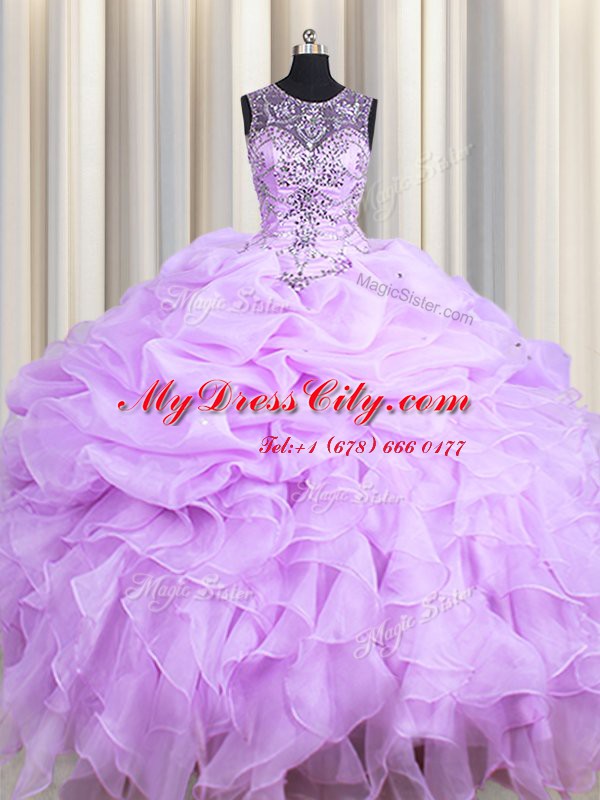 Organza Scoop Sleeveless Lace Up Beading and Ruffles and Pick Ups Sweet 16 Dress in Lavender