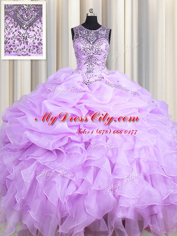 Organza Scoop Sleeveless Lace Up Beading and Ruffles and Pick Ups Sweet 16 Dress in Lavender