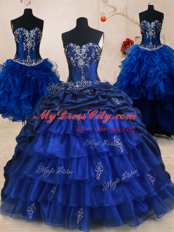 Custom Made Four Piece Sleeveless Brush Train Lace Up With Train Beading and Ruffled Layers and Pick Ups Sweet 16 Dresses