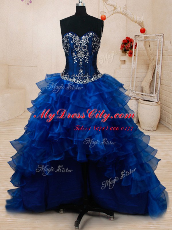 Custom Made Four Piece Sleeveless Brush Train Lace Up With Train Beading and Ruffled Layers and Pick Ups Sweet 16 Dresses