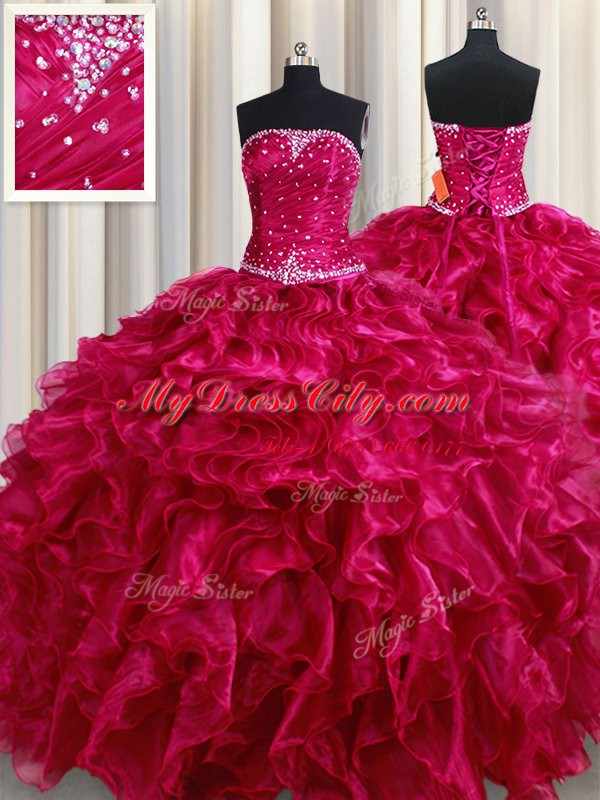 Sleeveless Lace Up Floor Length Beading and Ruffles Ball Gown Prom Dress