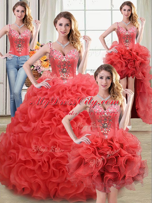 High Quality Four Piece Straps Sleeveless Zipper Sweet 16 Dresses Coral Red Fabric With Rolling Flowers