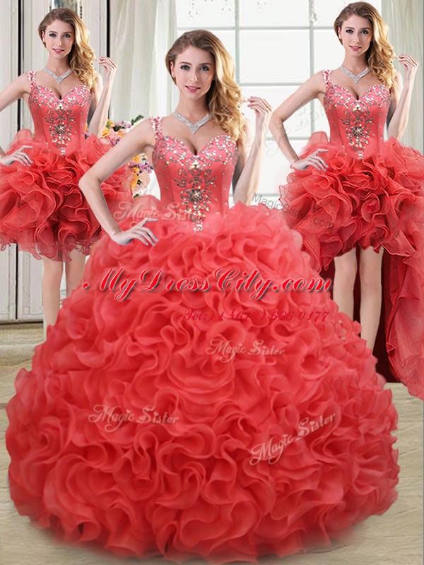 High Quality Four Piece Straps Sleeveless Zipper Sweet 16 Dresses Coral Red Fabric With Rolling Flowers