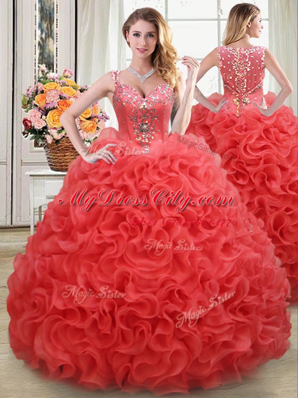 High Quality Four Piece Straps Sleeveless Zipper Sweet 16 Dresses Coral Red Fabric With Rolling Flowers