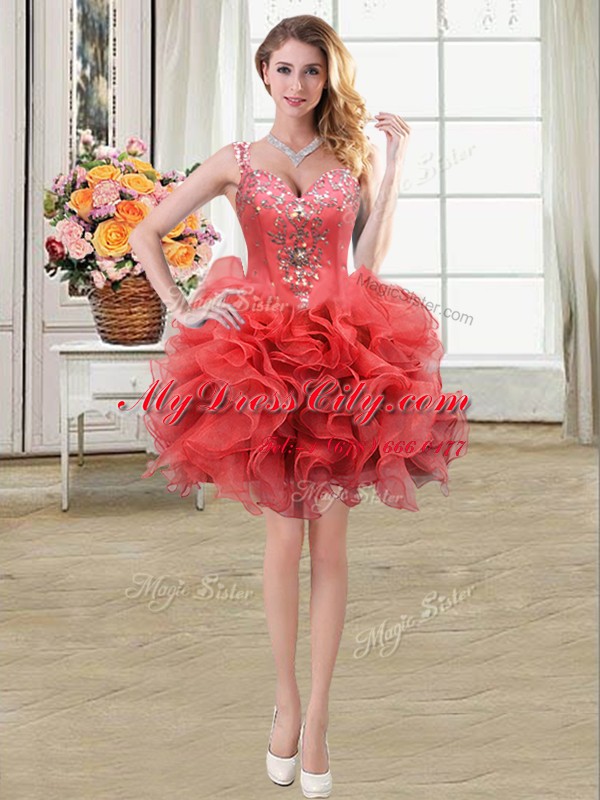 High Quality Four Piece Straps Sleeveless Zipper Sweet 16 Dresses Coral Red Fabric With Rolling Flowers