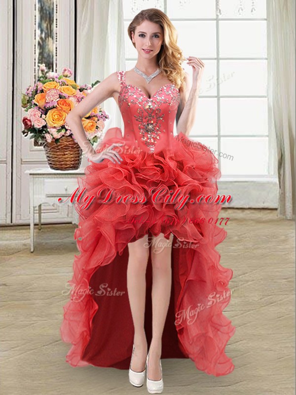 High Quality Four Piece Straps Sleeveless Zipper Sweet 16 Dresses Coral Red Fabric With Rolling Flowers