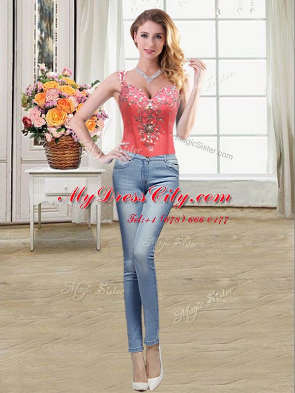 High Quality Four Piece Straps Sleeveless Zipper Sweet 16 Dresses Coral Red Fabric With Rolling Flowers