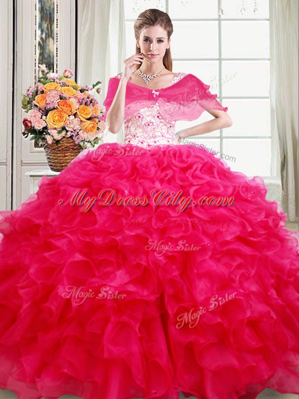 Straps Organza Sleeveless Floor Length Quinceanera Dress and Beading and Ruffles