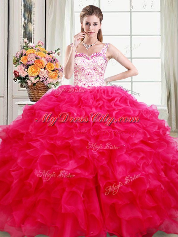 Straps Organza Sleeveless Floor Length Quinceanera Dress and Beading and Ruffles