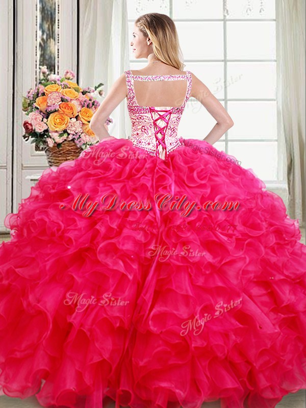 Straps Organza Sleeveless Floor Length Quinceanera Dress and Beading and Ruffles