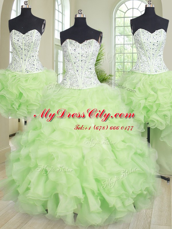 Eye-catching Four Piece Yellow Green 15 Quinceanera Dress Military Ball and Sweet 16 and Quinceanera and For with Beading and Ruffles Sweetheart Sleeveless Lace Up