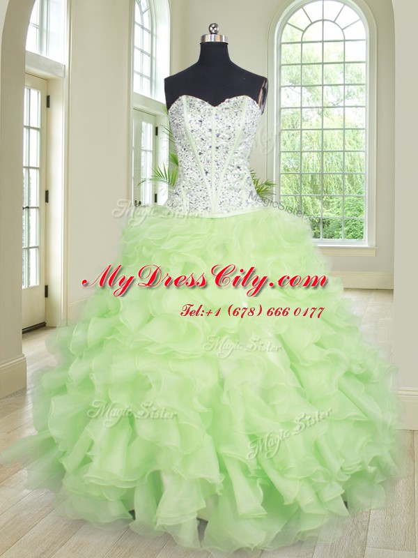 Eye-catching Four Piece Yellow Green 15 Quinceanera Dress Military Ball and Sweet 16 and Quinceanera and For with Beading and Ruffles Sweetheart Sleeveless Lace Up