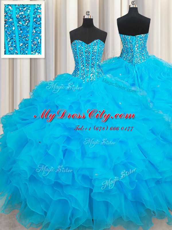 Floor Length Baby Blue 15 Quinceanera Dress Organza Sleeveless Beading and Ruffles