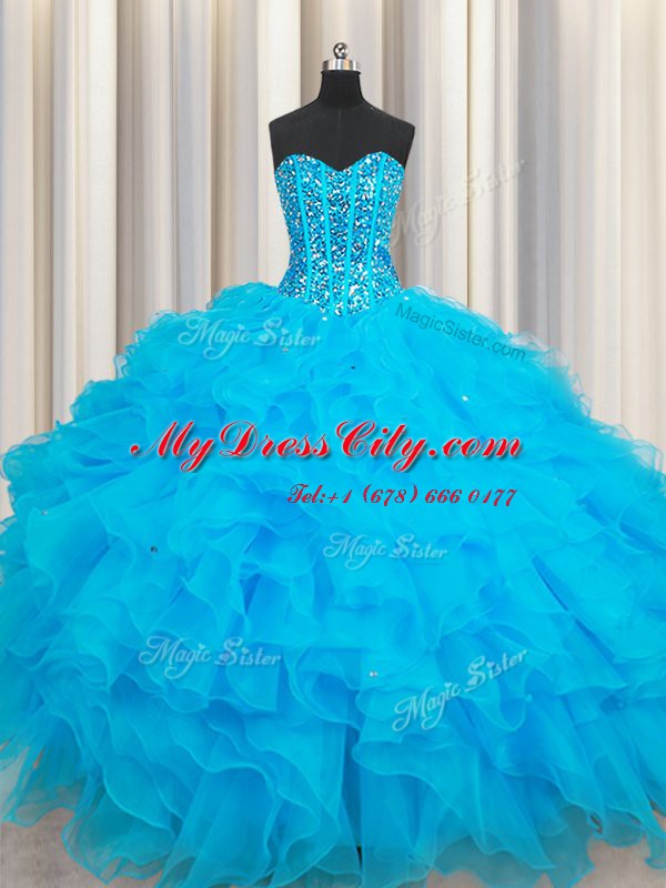 Floor Length Baby Blue 15 Quinceanera Dress Organza Sleeveless Beading and Ruffles