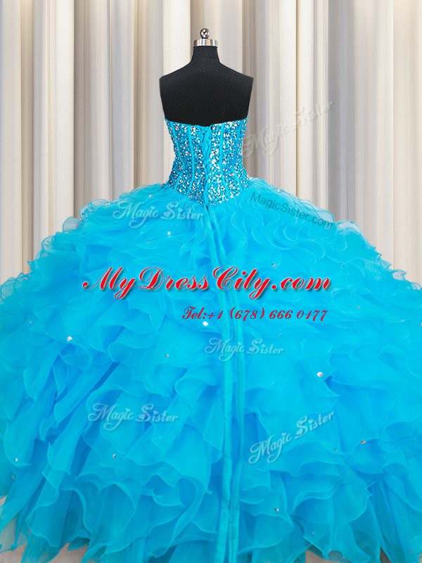 Floor Length Baby Blue 15 Quinceanera Dress Organza Sleeveless Beading and Ruffles