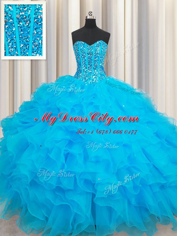 Floor Length Baby Blue 15 Quinceanera Dress Organza Sleeveless Beading and Ruffles