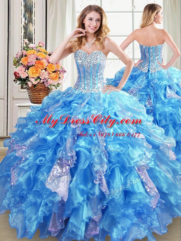 Designer Baby Blue Organza Lace Up Quinceanera Gown Sleeveless Floor Length Beading and Ruffles and Sequins