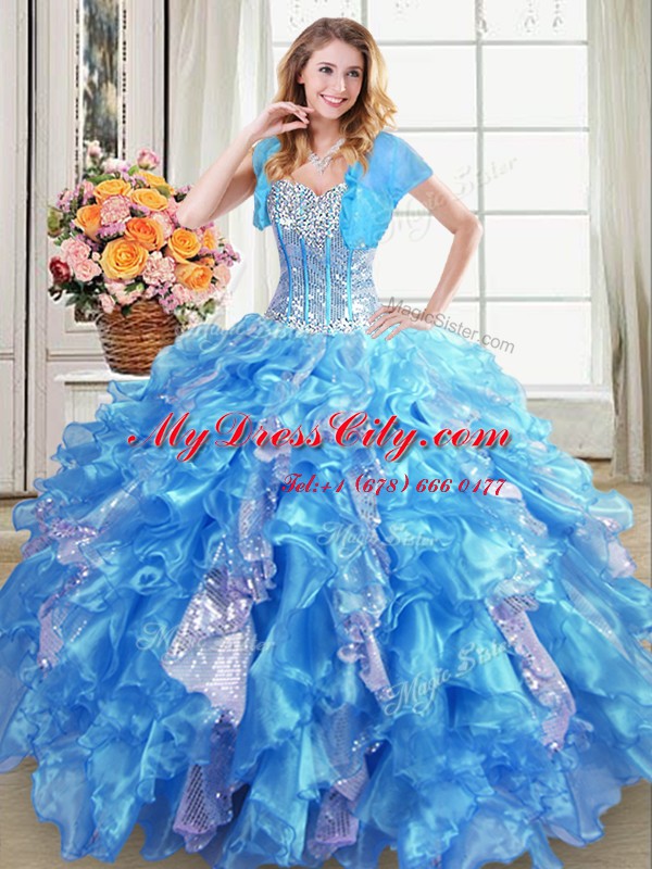 Designer Baby Blue Organza Lace Up Quinceanera Gown Sleeveless Floor Length Beading and Ruffles and Sequins