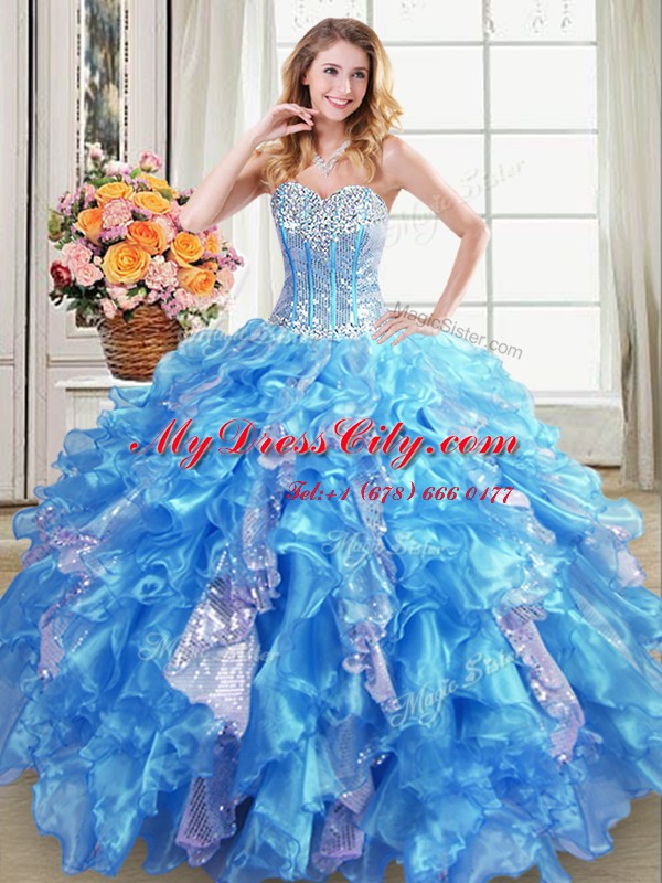 Designer Baby Blue Organza Lace Up Quinceanera Gown Sleeveless Floor Length Beading and Ruffles and Sequins