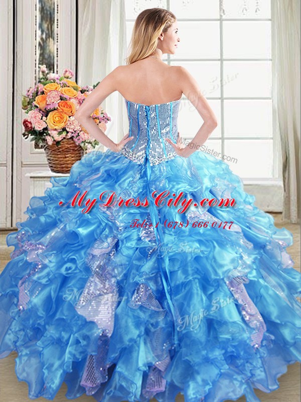 Designer Baby Blue Organza Lace Up Quinceanera Gown Sleeveless Floor Length Beading and Ruffles and Sequins