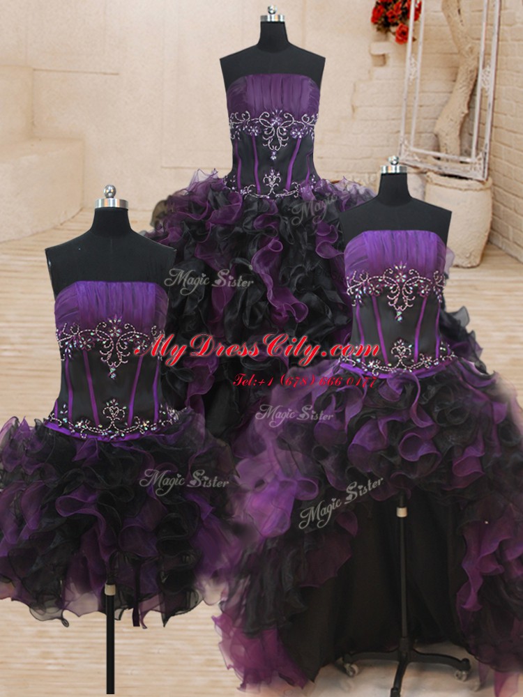 Admirable Four Piece Black and Purple Sleeveless Beading and Ruffles Floor Length Sweet 16 Dresses