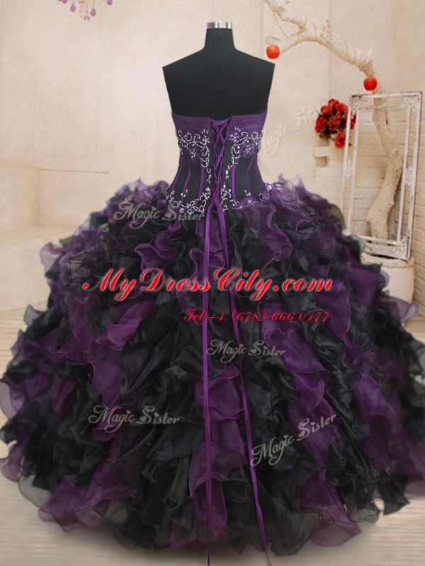 Admirable Four Piece Black and Purple Sleeveless Beading and Ruffles Floor Length Sweet 16 Dresses