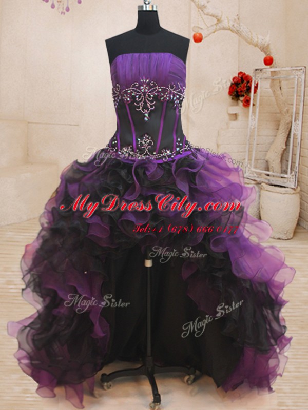 Admirable Four Piece Black and Purple Sleeveless Beading and Ruffles Floor Length Sweet 16 Dresses