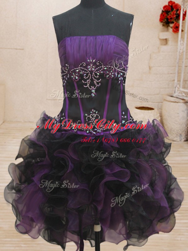 Admirable Four Piece Black and Purple Sleeveless Beading and Ruffles Floor Length Sweet 16 Dresses