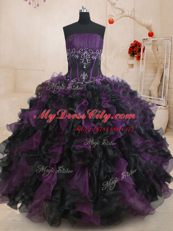 Admirable Four Piece Black and Purple Sleeveless Beading and Ruffles Floor Length Sweet 16 Dresses