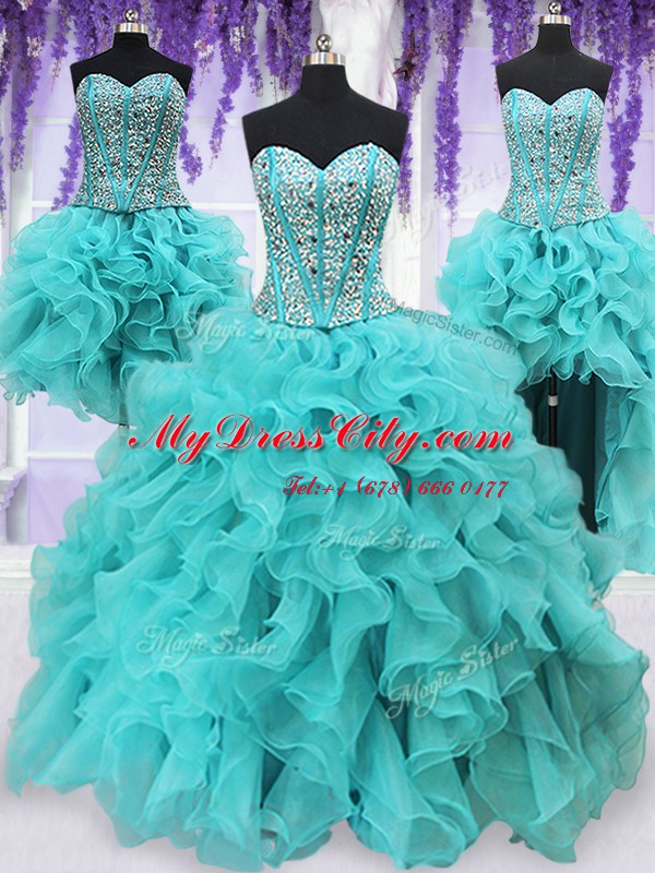 Stunning Four Piece Aqua Blue Lace Up Quinceanera Dress Beading and Ruffles Sleeveless Floor Length