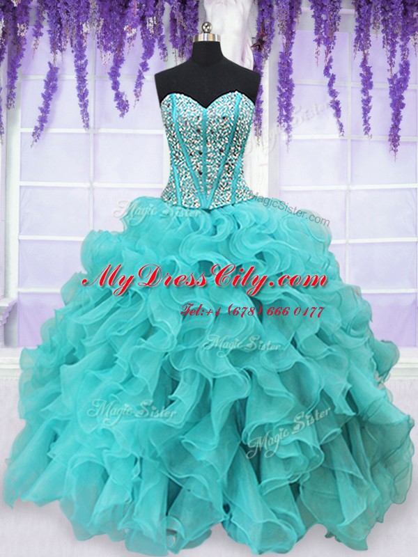 Stunning Four Piece Aqua Blue Lace Up Quinceanera Dress Beading and Ruffles Sleeveless Floor Length