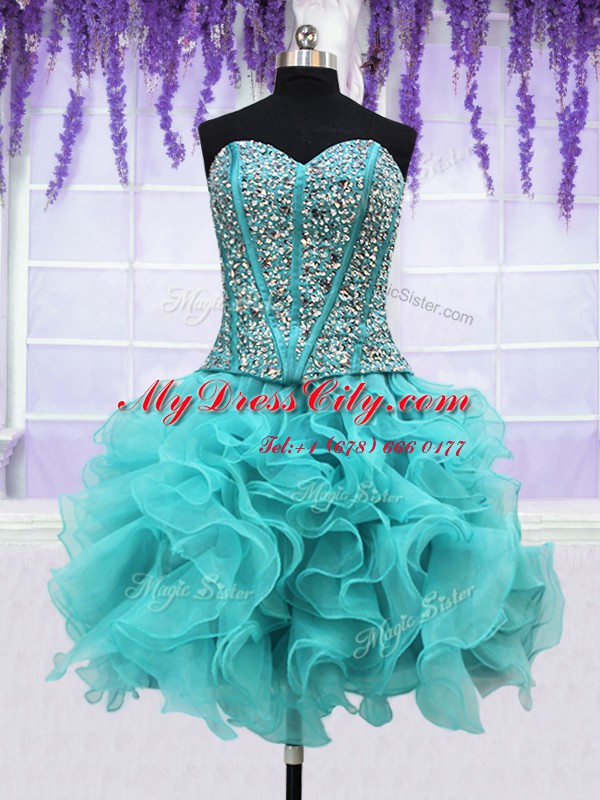 Stunning Four Piece Aqua Blue Lace Up Quinceanera Dress Beading and Ruffles Sleeveless Floor Length