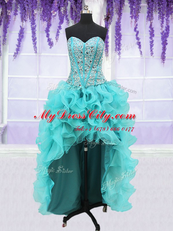 Stunning Four Piece Aqua Blue Lace Up Quinceanera Dress Beading and Ruffles Sleeveless Floor Length