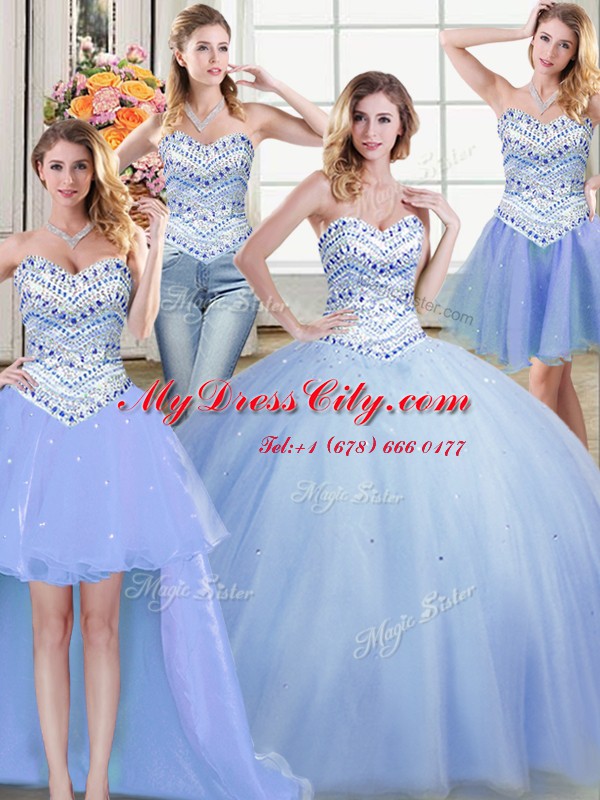 High Class Four Piece Sleeveless Tulle Floor Length Lace Up Vestidos de Quinceanera in Light Blue with Beading