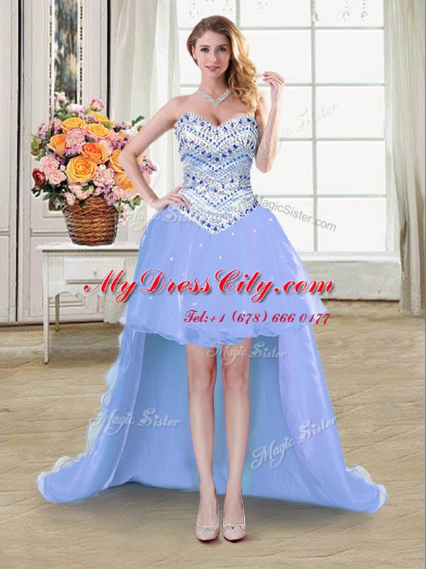 High Class Four Piece Sleeveless Tulle Floor Length Lace Up Vestidos de Quinceanera in Light Blue with Beading