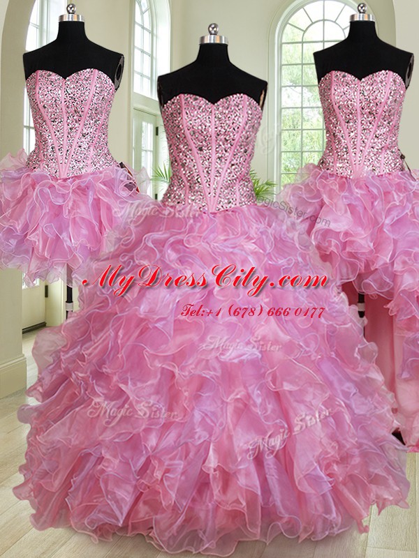 Four Piece Multi-color Ball Gowns Sweetheart Sleeveless Organza Floor Length Lace Up Beading and Ruffles Quinceanera Gowns