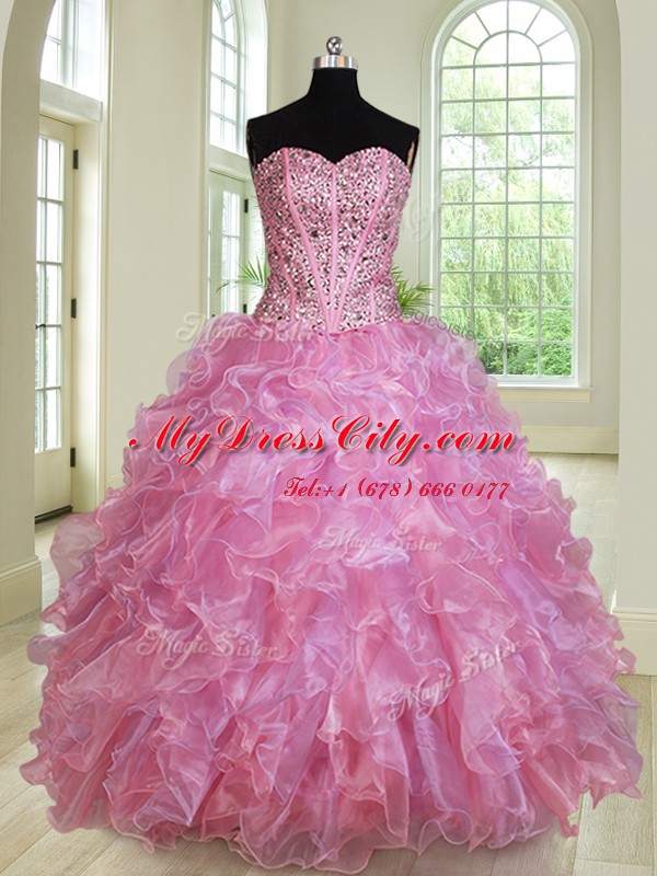 Four Piece Multi-color Ball Gowns Sweetheart Sleeveless Organza Floor Length Lace Up Beading and Ruffles Quinceanera Gowns