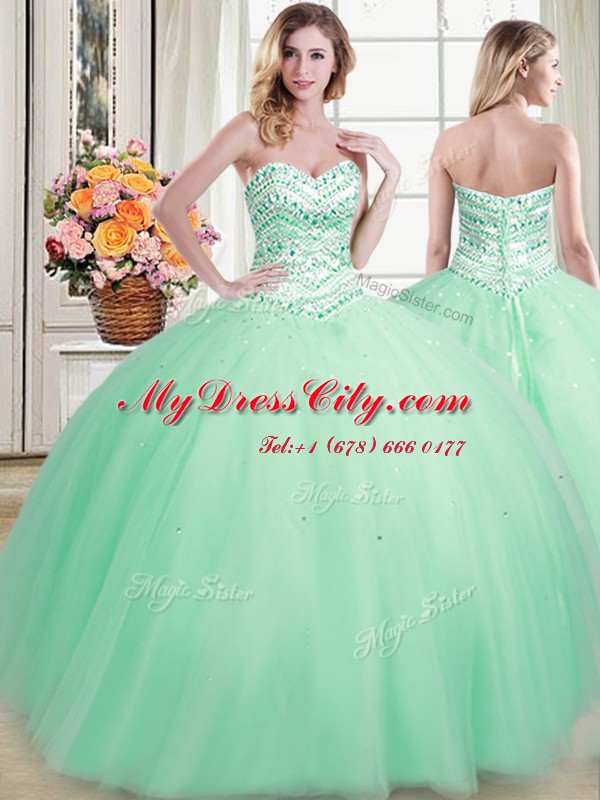 Pretty Apple Green Ball Gowns Sweetheart Sleeveless Tulle Floor Length Lace Up Beading Vestidos de Quinceanera