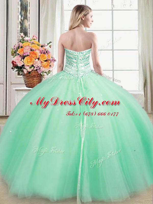 Pretty Apple Green Ball Gowns Sweetheart Sleeveless Tulle Floor Length Lace Up Beading Vestidos de Quinceanera