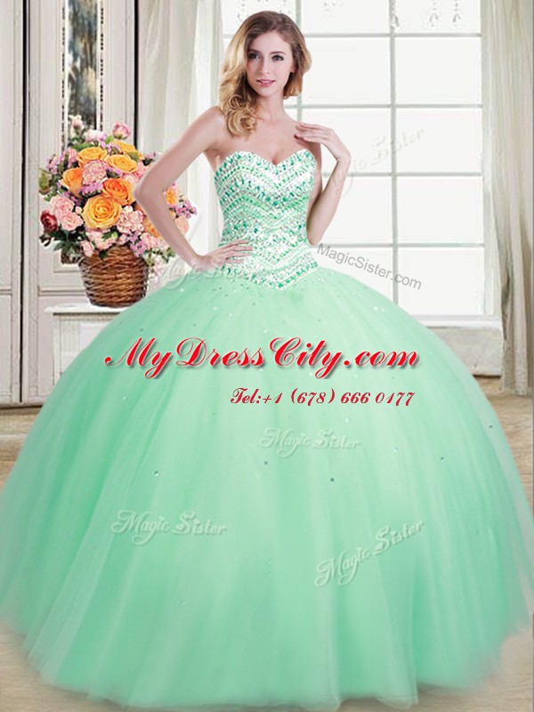 Pretty Apple Green Ball Gowns Sweetheart Sleeveless Tulle Floor Length Lace Up Beading Vestidos de Quinceanera