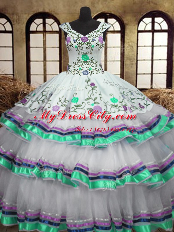 Customized Straps Sleeveless Quince Ball Gowns Floor Length Embroidery and Ruffled Layers White Organza and Taffeta