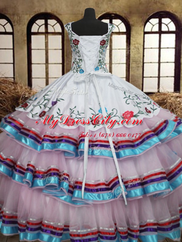 Customized Straps Sleeveless Quince Ball Gowns Floor Length Embroidery and Ruffled Layers White Organza and Taffeta