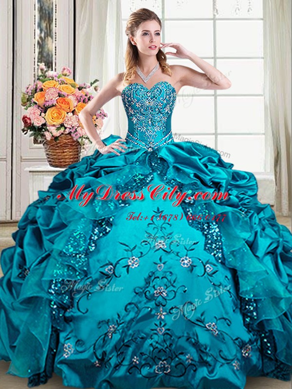 Admirable Sleeveless Organza and Taffeta Floor Length Lace Up 15 Quinceanera Dress in Teal with Beading and Embroidery and Pick Ups