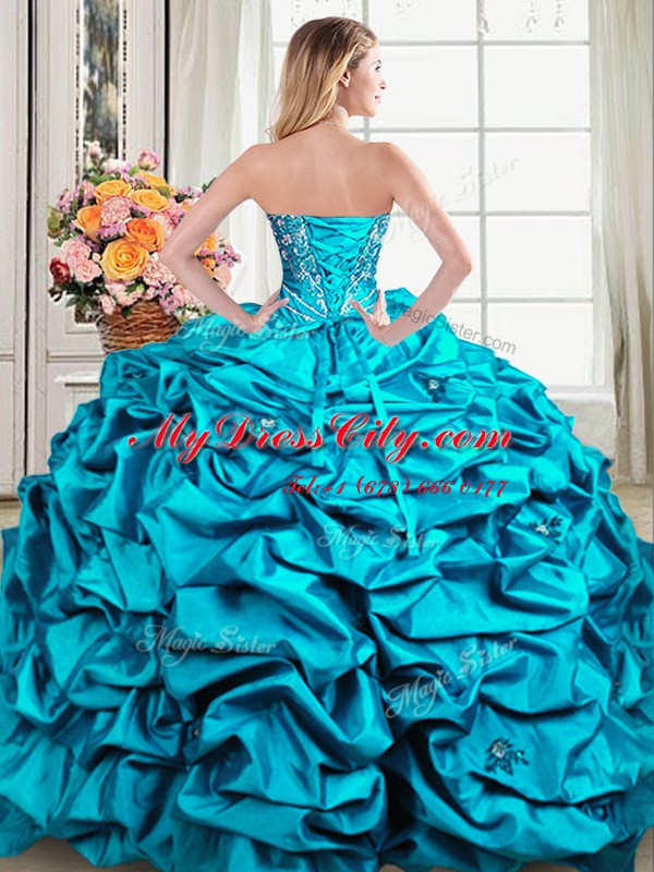 Admirable Sleeveless Organza and Taffeta Floor Length Lace Up 15 Quinceanera Dress in Teal with Beading and Embroidery and Pick Ups