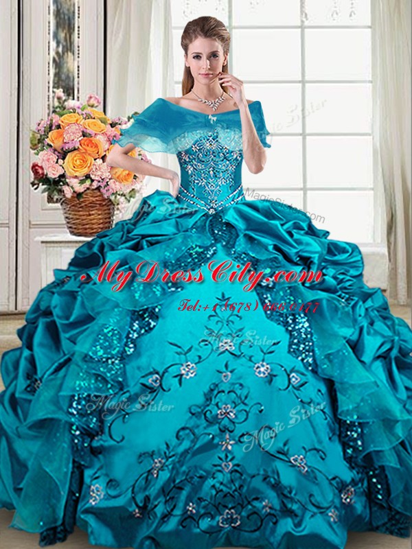 Admirable Sleeveless Organza and Taffeta Floor Length Lace Up 15 Quinceanera Dress in Teal with Beading and Embroidery and Pick Ups