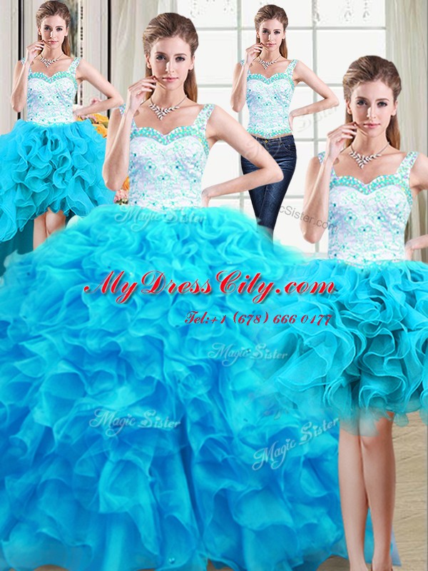 Four Piece Straps Sleeveless Organza Floor Length Lace Up Ball Gown Prom Dress in Baby Blue with Beading and Ruffles