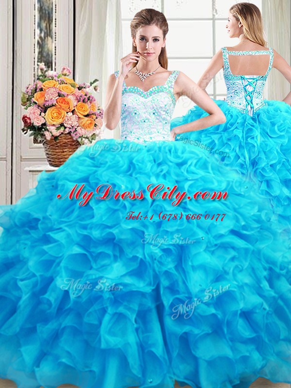 Four Piece Straps Sleeveless Organza Floor Length Lace Up Ball Gown Prom Dress in Baby Blue with Beading and Ruffles