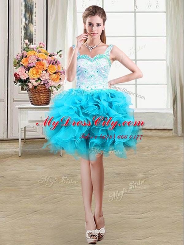 Four Piece Straps Sleeveless Organza Floor Length Lace Up Ball Gown Prom Dress in Baby Blue with Beading and Ruffles